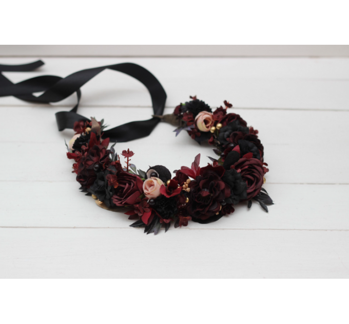 Burgundy beige black gold flower crown. Hair wreath. Flower girl crown. Halloween wedding. 0018 EU UK