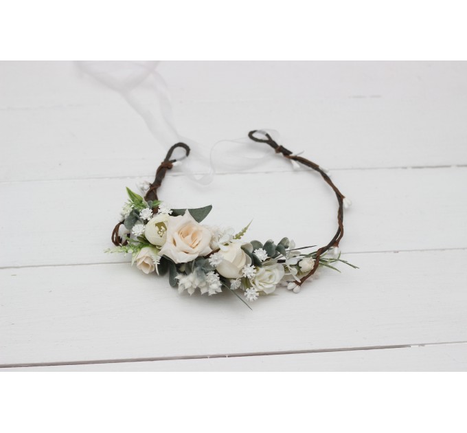 Beige white blush pink flower crown. Hair wreath. Flower girl crown. Wedding flowers. 0028