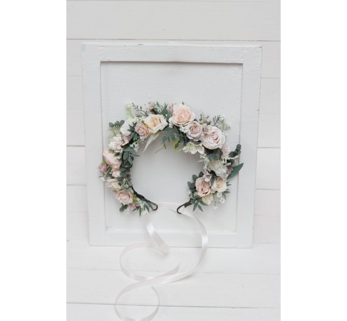Beige white blush pink flower crown. Hair wreath. Flower girl crown. Wedding flowers. 0028