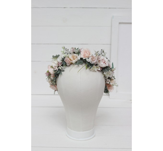 Beige white blush pink flower crown. Hair wreath. Flower girl crown. Wedding flowers. 0028