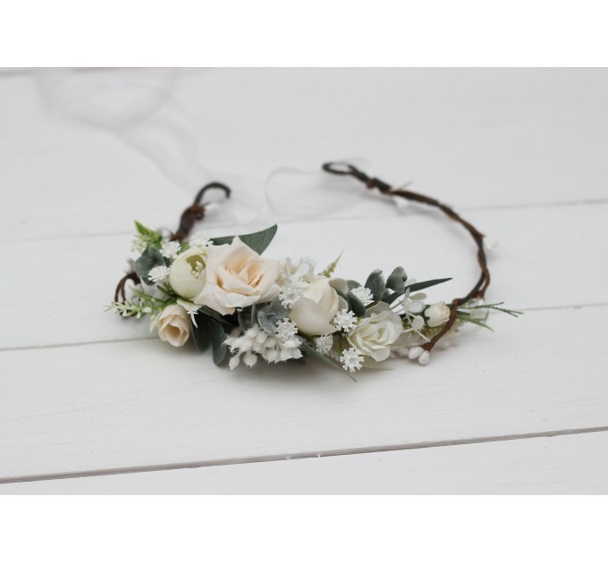Beige white blush pink flower crown. Hair wreath. Flower girl crown. Wedding flowers. 0028