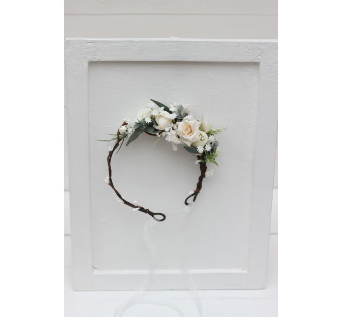 Beige white blush pink flower crown. Hair wreath. Flower girl crown. Wedding flowers. 0028