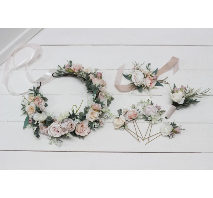 Beige white blush pink flower crown. Hair wreath. Flower girl crown. Wedding flowers. 0028