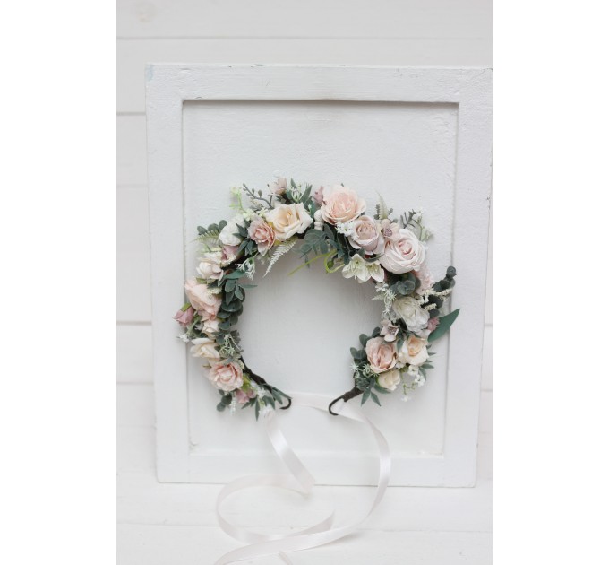 Beige white blush pink flower crown. Hair wreath. Flower girl crown. Wedding flowers. 0028