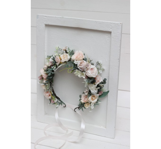 Beige white blush pink flower crown. Hair wreath. Flower girl crown. Wedding flowers. 0028
