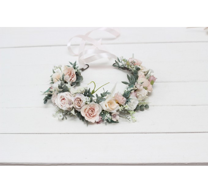Beige white blush pink flower crown. Hair wreath. Flower girl crown. Wedding flowers. 0028