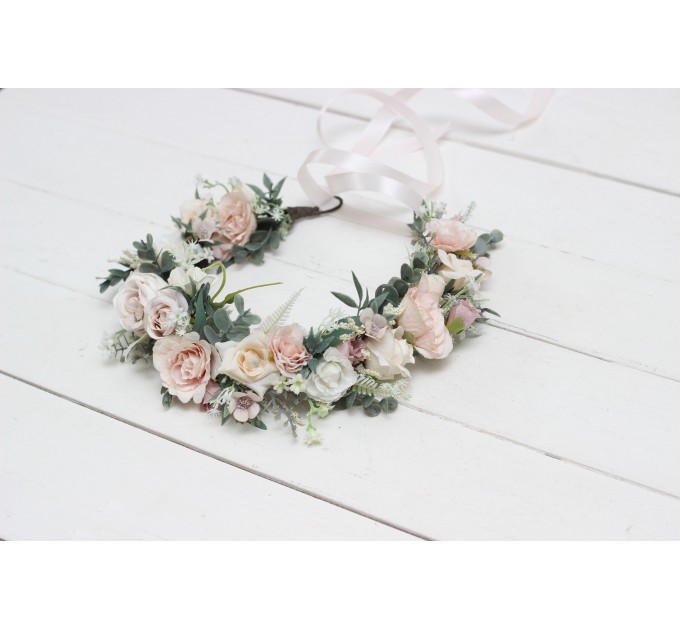 Beige white blush pink flower crown. Hair wreath. Flower girl crown. Wedding flowers. 0028