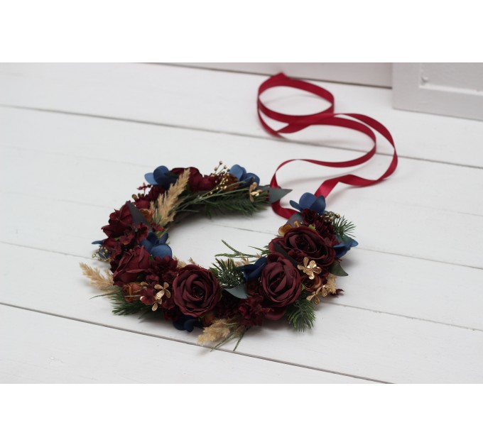 Burgundy navy blue gold flower crown. Hair wreath. Flower girl crown. Wedding flowers. 0031