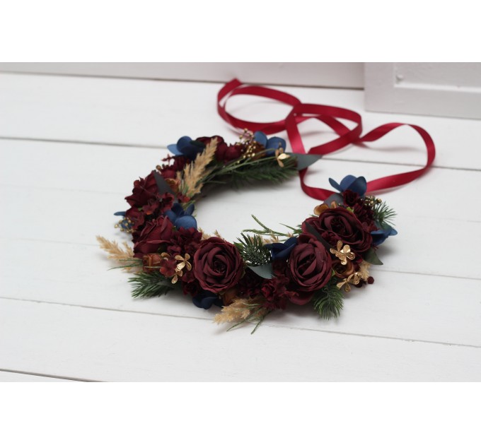 Burgundy navy blue gold flower crown. Hair wreath. Flower girl crown. Wedding flowers. 0031