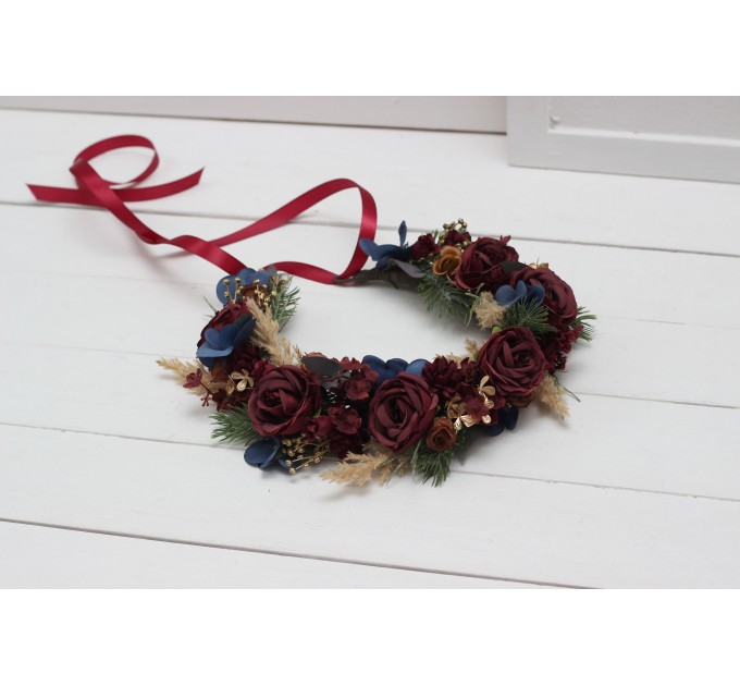 Burgundy navy blue gold flower crown. Hair wreath. Flower girl crown. Wedding flowers. 0031