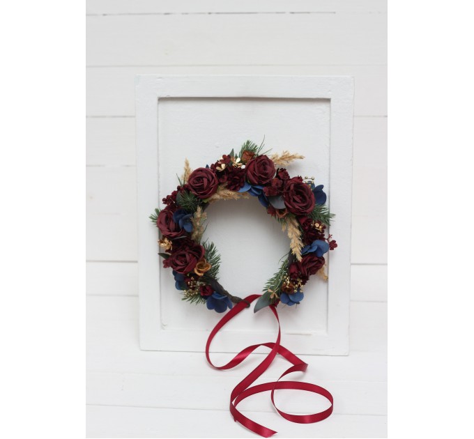 Burgundy navy blue gold flower crown. Hair wreath. Flower girl crown. Wedding flowers. 0031