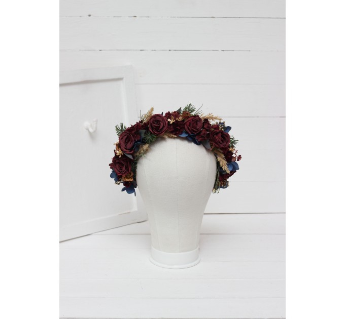 Burgundy navy blue gold flower crown. Hair wreath. Flower girl crown. Wedding flowers. 0031
