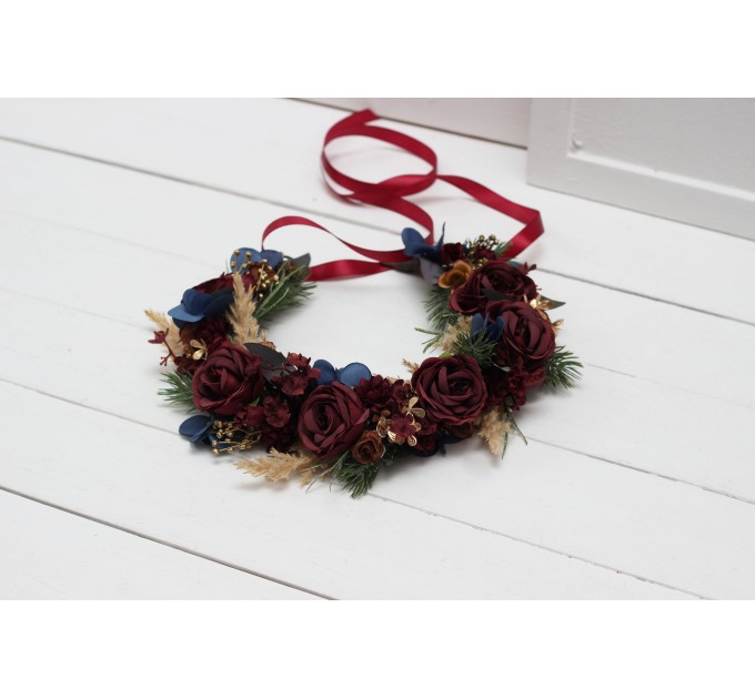 Burgundy navy blue gold flower crown. Hair wreath. Flower girl crown. Wedding flowers. 0031