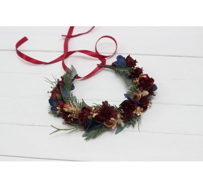 Burgundy navy blue gold flower crown. Hair wreath. Flower girl crown. Wedding flowers. 0031