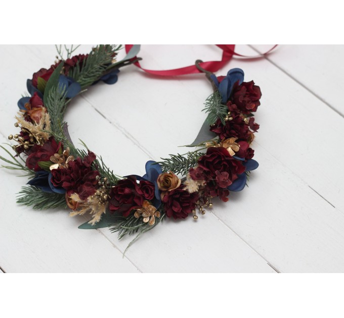Burgundy navy blue gold flower crown. Hair wreath. Flower girl crown. Wedding flowers. 0031