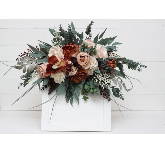 Flower arch arrangement in beige terracotta white blush pink colors. Arbor flowers. Floral archway. Faux flowers for wedding arch. 0027