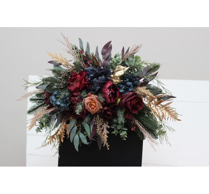 Flower Arch Arrangement in Burgundy, Navy Blue & Gold | Faux Floral Archway for Wedding