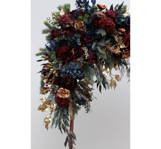 Flower Arch Arrangement in Burgundy, Navy Blue & Gold | Faux Floral Archway for Wedding