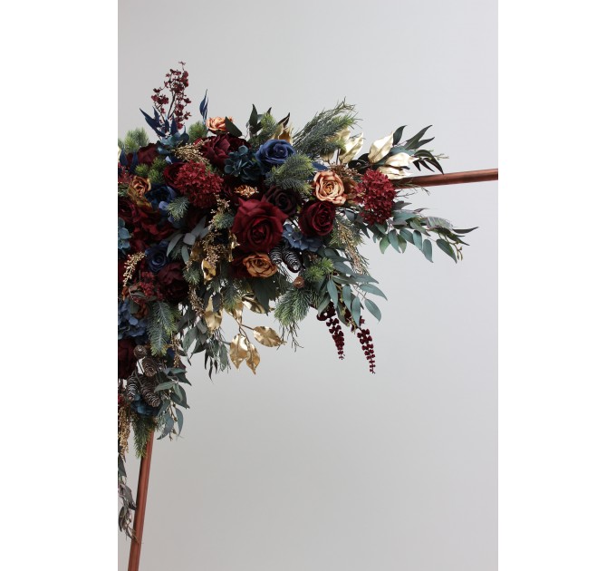 Flower Arch Arrangement in Burgundy, Navy Blue & Gold | Faux Floral Archway for Wedding