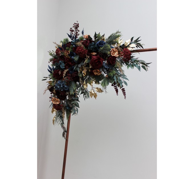 Flower Arch Arrangement in Burgundy, Navy Blue & Gold | Faux Floral Archway for Wedding