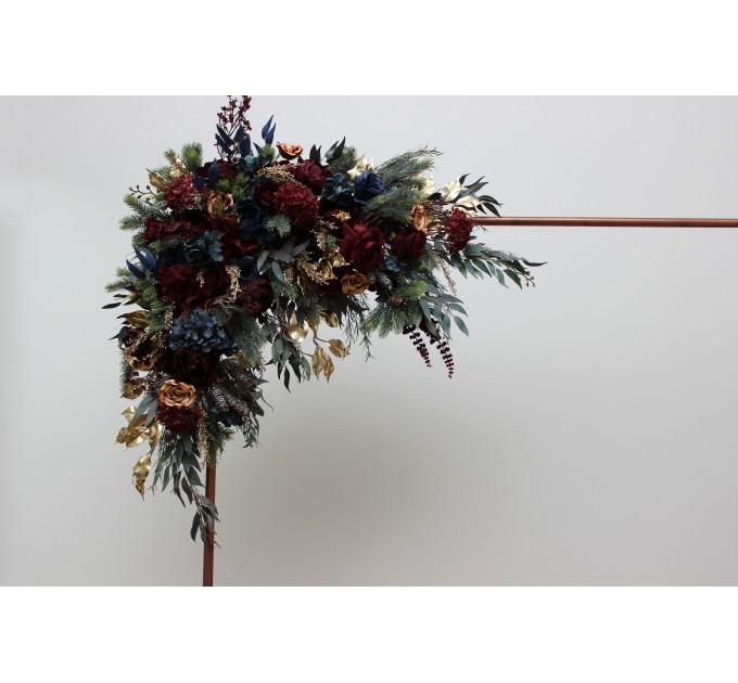 Flower Arch Arrangement in Burgundy, Navy Blue & Gold | Faux Floral Archway for Wedding