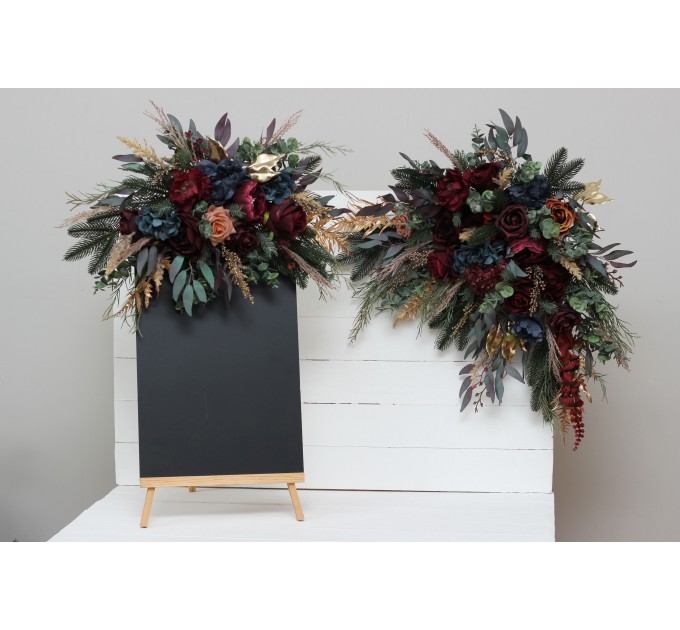Flower Arch Arrangement in Burgundy, Navy Blue & Gold | Faux Floral Archway for Wedding