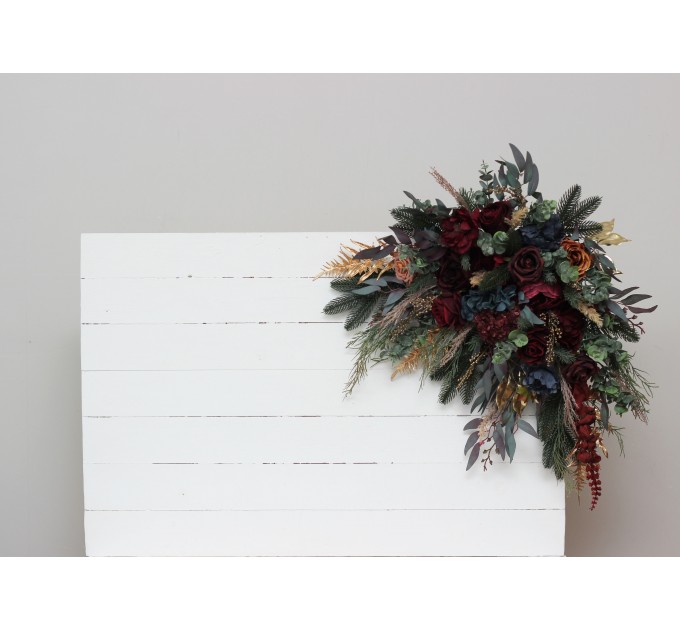 Flower Arch Arrangement in Burgundy, Navy Blue & Gold | Faux Floral Archway for Wedding