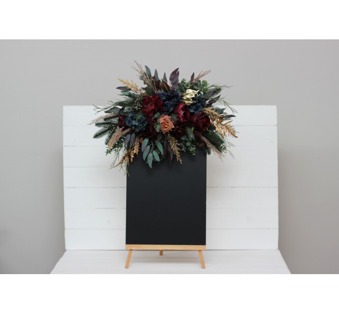 Flower Arch Arrangement in Burgundy, Navy Blue & Gold | Faux Floral Archway for Wedding