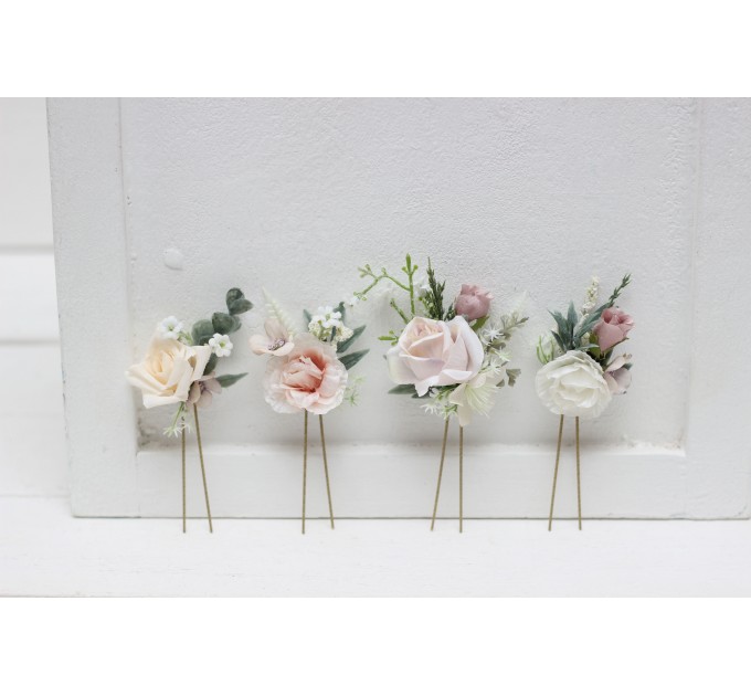  Set of 4 hair pins in beige white blush pink color scheme. Hair accessories. Flower accessories for wedding.  0028