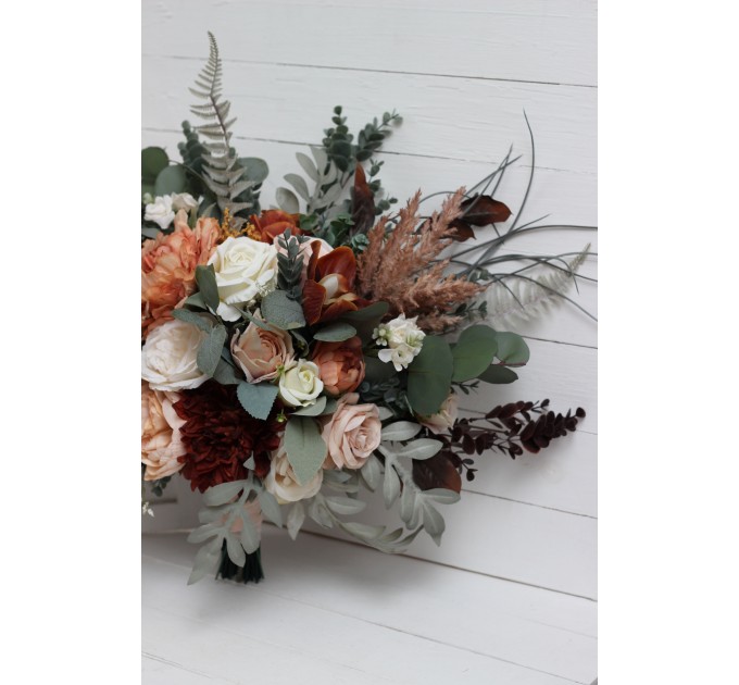 Wedding bouquets in beige terracotta white blush pink colors. Bridal bouquet. Cascading bouquet. Faux bouquet. Bridesmaid bouquet. 0027
