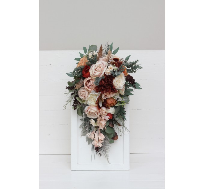 Wedding bouquets in beige terracotta white blush pink colors. Bridal bouquet. Cascading bouquet. Faux bouquet. Bridesmaid bouquet. 0027