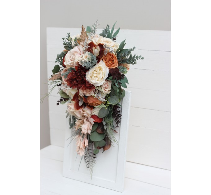 Wedding bouquets in beige terracotta white blush pink colors. Bridal bouquet. Cascading bouquet. Faux bouquet. Bridesmaid bouquet. 0027