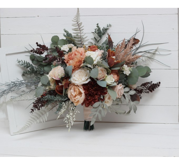 Wedding bouquets in beige terracotta white blush pink colors. Bridal bouquet. Cascading bouquet. Faux bouquet. Bridesmaid bouquet. 0027