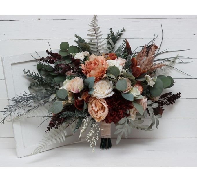 Wedding bouquets in beige terracotta white blush pink colors. Bridal bouquet. Cascading bouquet. Faux bouquet. Bridesmaid bouquet. 0027