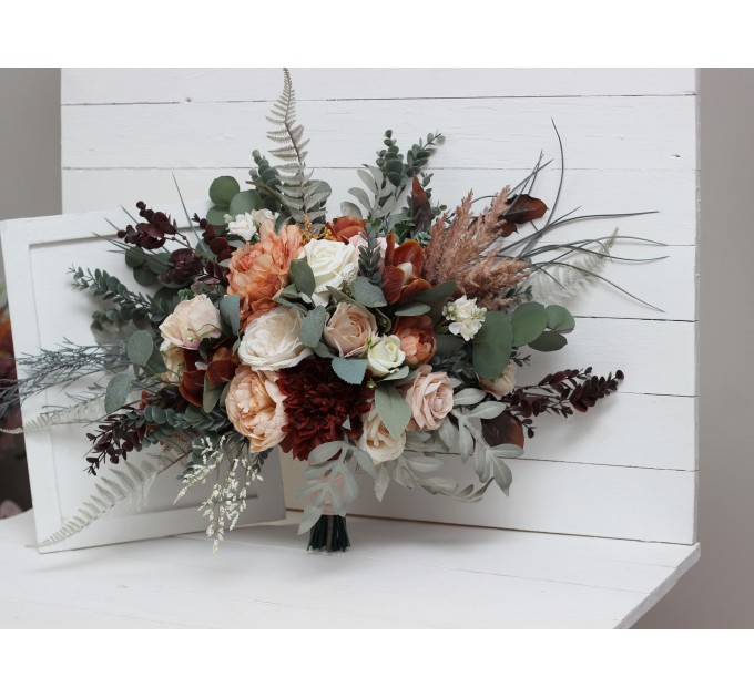 Wedding bouquets in beige terracotta white blush pink colors. Bridal bouquet. Cascading bouquet. Faux bouquet. Bridesmaid bouquet. 0027