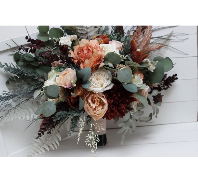 Wedding bouquets in beige terracotta white blush pink colors. Bridal bouquet. Cascading bouquet. Faux bouquet. Bridesmaid bouquet. 0027