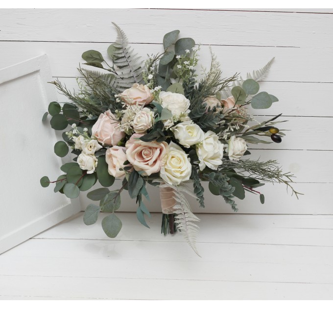 Wedding bouquets in beige white blush pink colors. Bridal bouquet. Faux bouquet. Bridesmaid bouquet. 0028