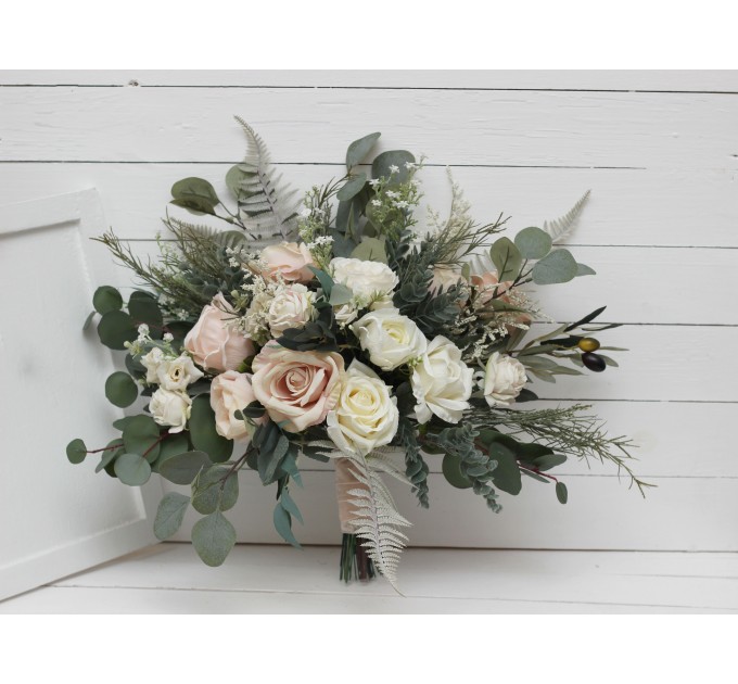Wedding bouquets in beige white blush pink colors. Bridal bouquet. Faux bouquet. Bridesmaid bouquet. 0028