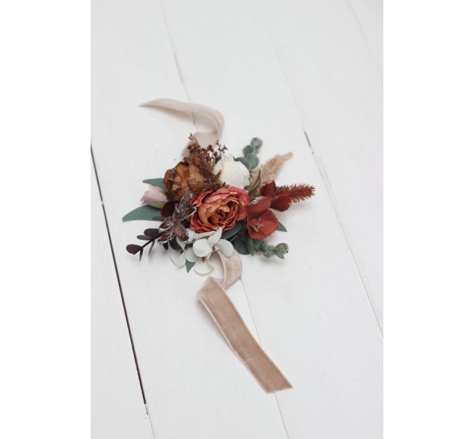  Wedding boutonnieres and wrist corsage  in beige terracotta white blush pink color theme. Flower accessories. 0027