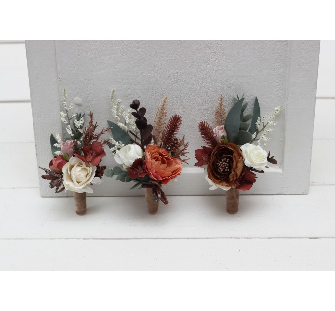  Wedding boutonnieres and wrist corsage  in beige terracotta white blush pink color theme. Flower accessories. 0027