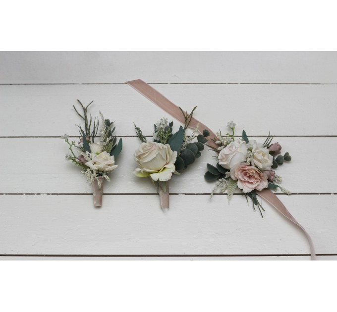 Wedding Boutonnieres & Wrist Corsage in Beige, White & Blush Pink | Faux Flower Accessories