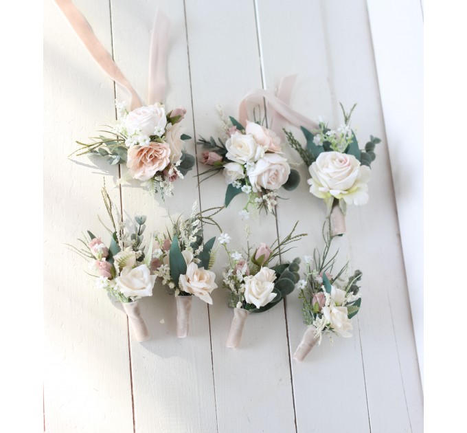 Wedding Boutonnieres & Wrist Corsage in Beige, White & Blush Pink | Faux Flower Accessories