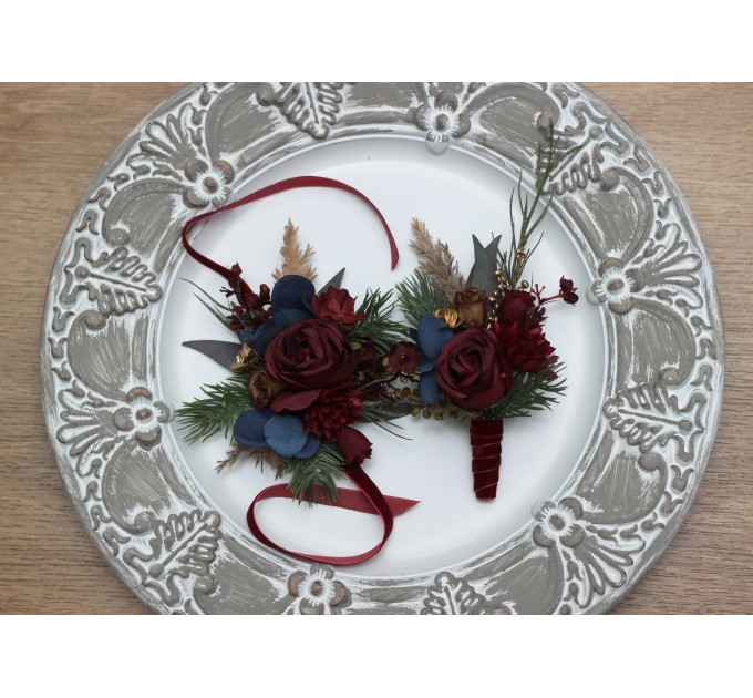  Wedding boutonnieres and wrist corsage  in burgundy navy blue gold color theme. Flower accessories. 0031