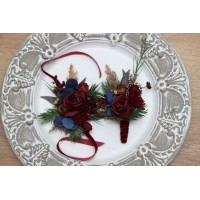  Wedding boutonnieres and wrist corsage  in burgundy navy blue gold color theme. Flower accessories. 0031