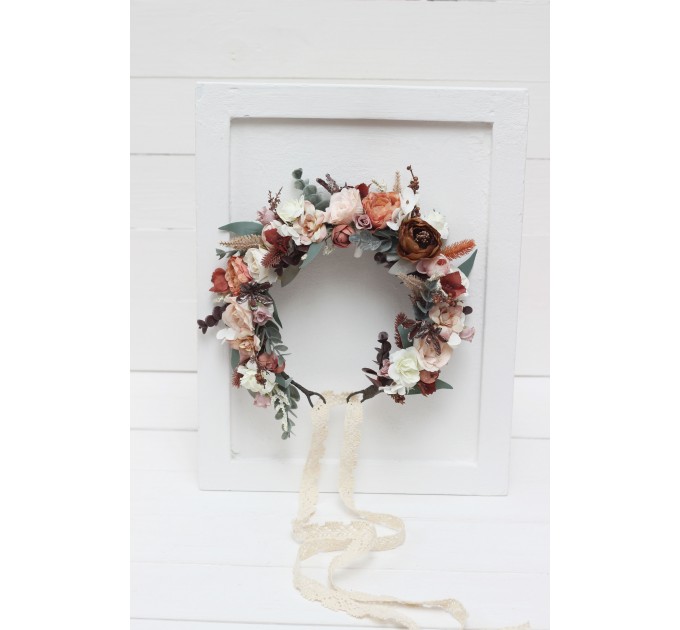 beige terracotta white blush pink flower crown. Hair wreath. Flower girl crown. Wedding flowers. 0027