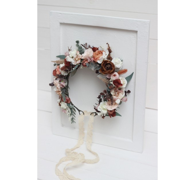 beige terracotta white blush pink flower crown. Hair wreath. Flower girl crown. Wedding flowers. 0027