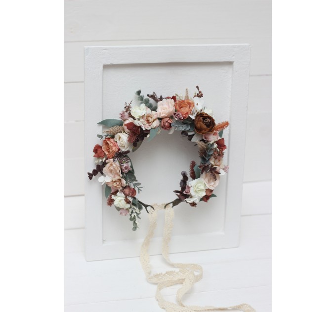 beige terracotta white blush pink flower crown. Hair wreath. Flower girl crown. Wedding flowers. 0027