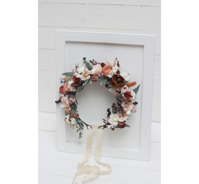 beige terracotta white blush pink flower crown. Hair wreath. Flower girl crown. Wedding flowers. 0027
