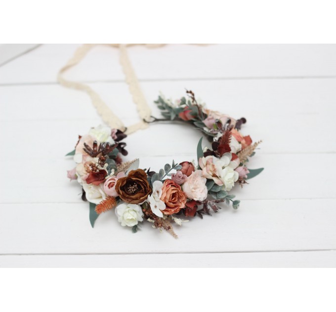 beige terracotta white blush pink flower crown. Hair wreath. Flower girl crown. Wedding flowers. 0027