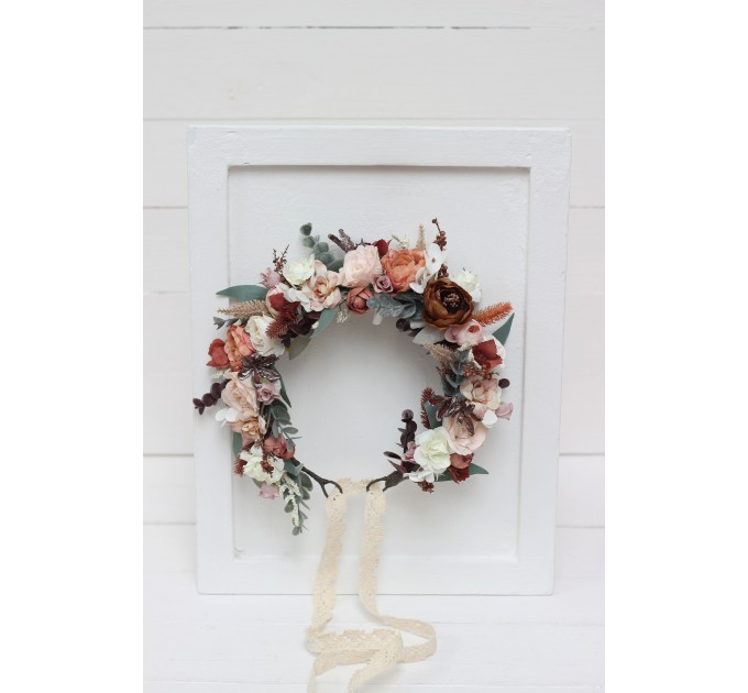 beige terracotta white blush pink flower crown. Hair wreath. Flower girl crown. Wedding flowers. 0027